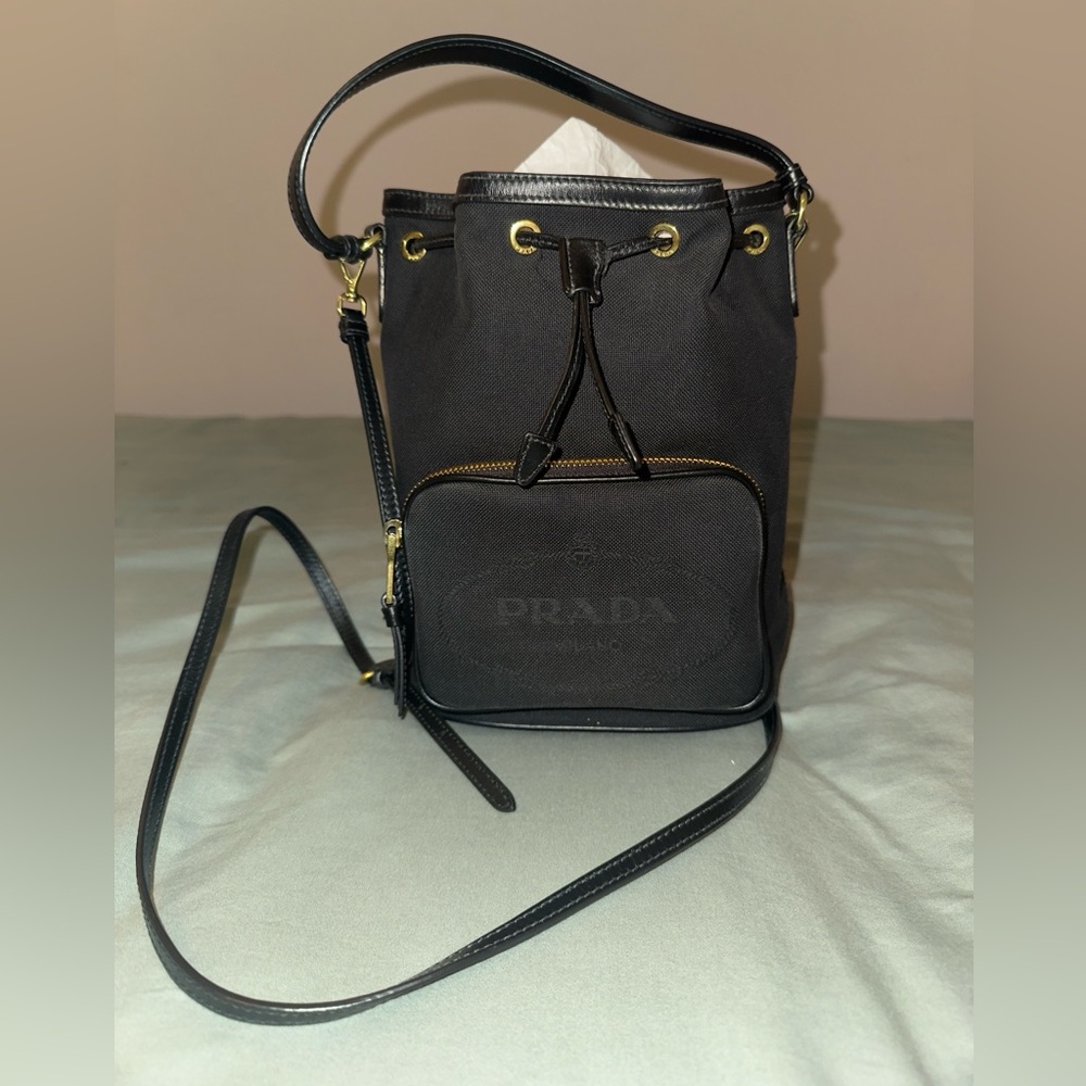 Prada Logo Jacquard “Secchiello” Bucket Canvas Tote Crossbody bag